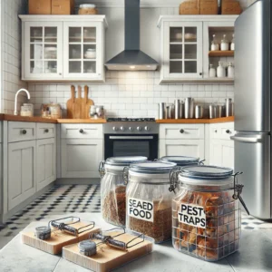 A clean kitchen with sealed food storage & pest traps