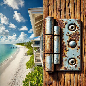 Rusted hinge on coastal property.